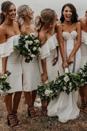 Simple Ivory Satin Off-the-Shoulder Sheath Short Bridesmaid Dresses, MBD256