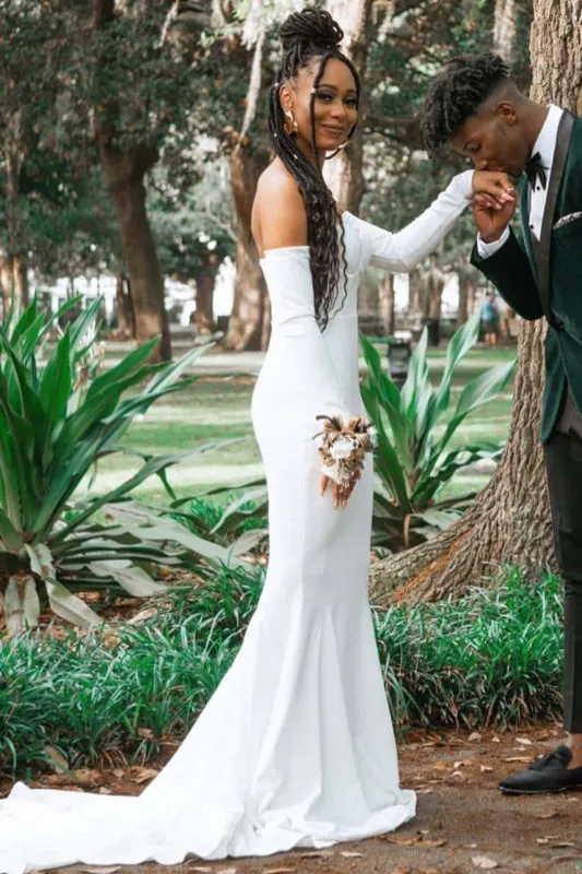 Simple Long SLeeves Sweetheart Mermaid Prom Dresse with Train