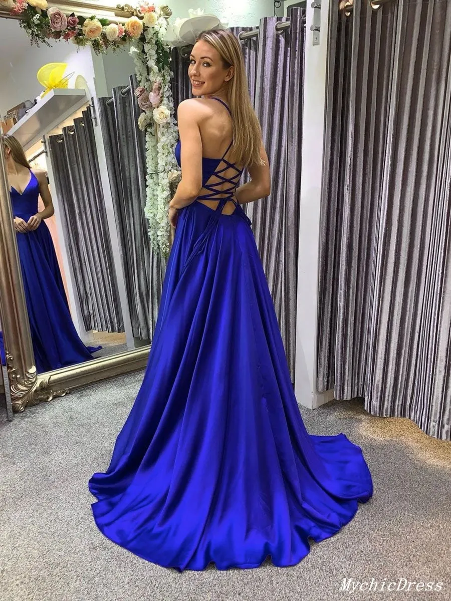 Simple Long UK Prom Dresses Blue V Neck Chiffon Evening Dresses Cheap