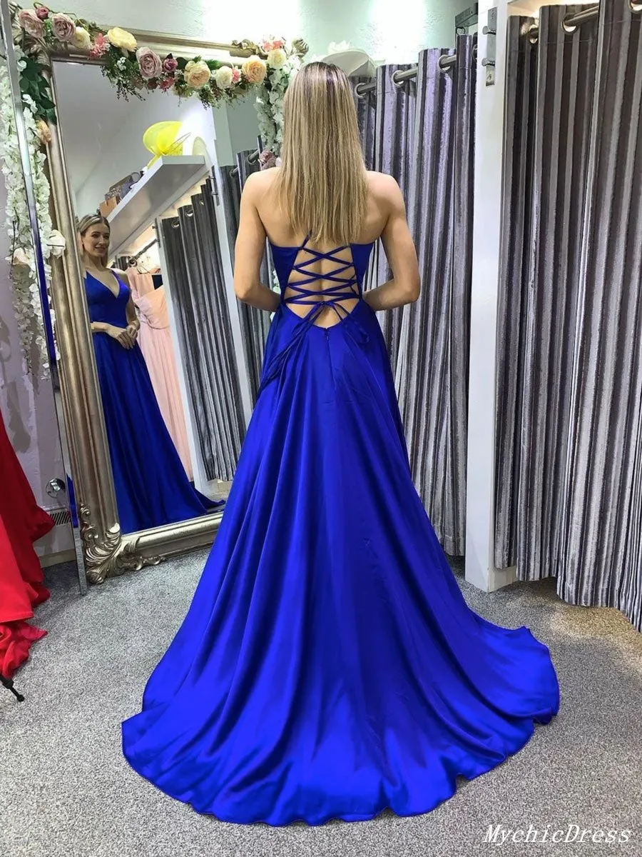 Simple Long UK Prom Dresses Blue V Neck Chiffon Evening Dresses Cheap