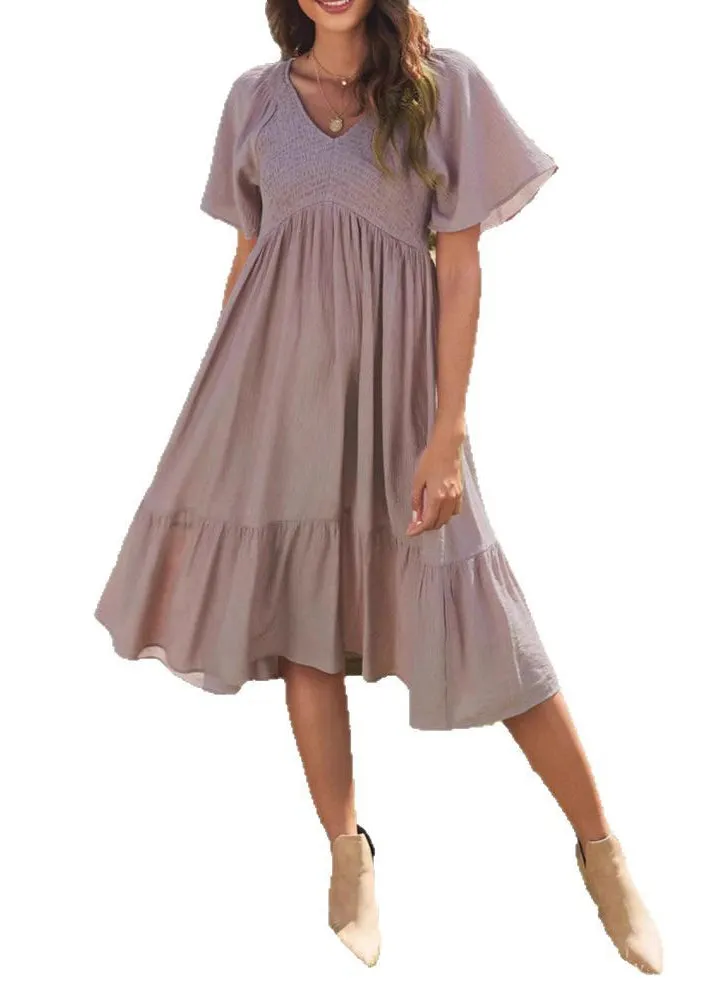Simple Purple V Neck Wrinkled Solid Cotton Dresses Summer