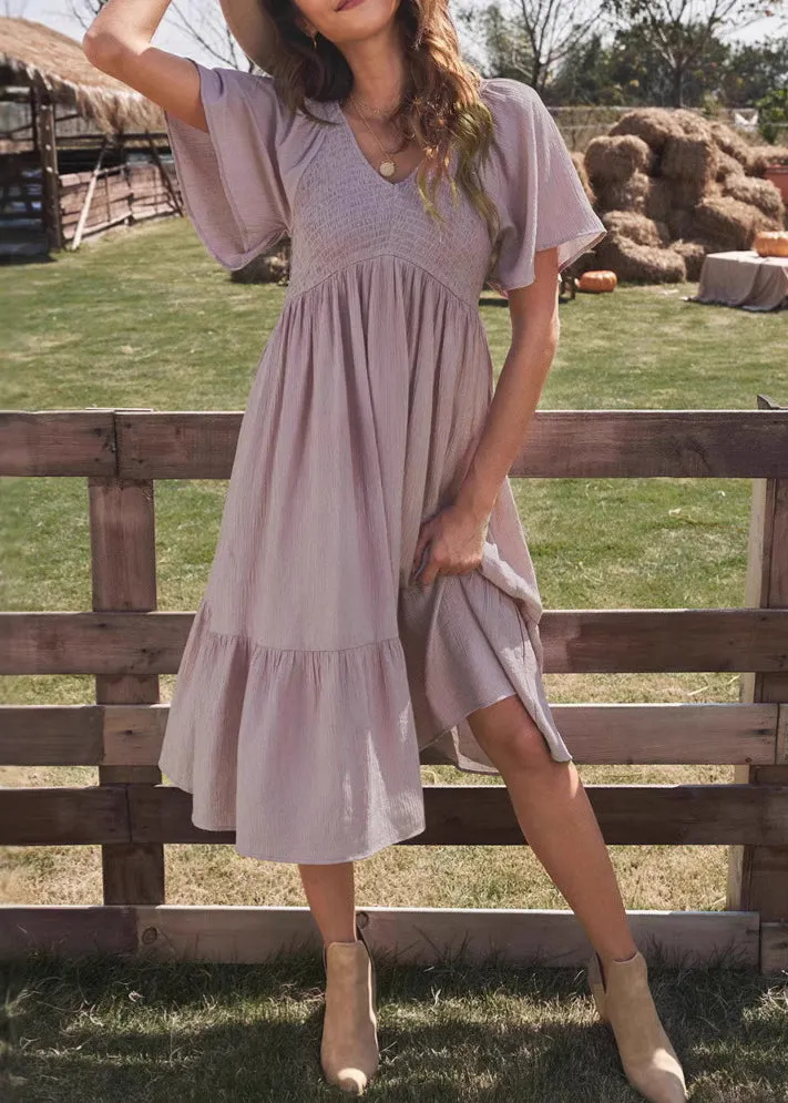 Simple Purple V Neck Wrinkled Solid Cotton Dresses Summer