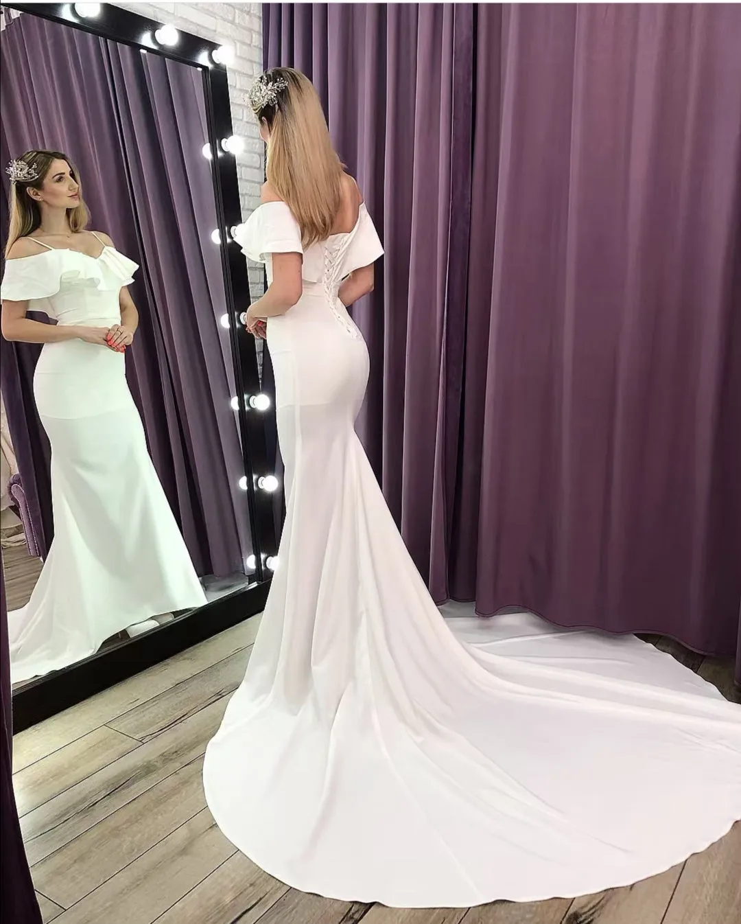 Simple Sheath Wedding Dresses with Flounced Off-the-shoulder