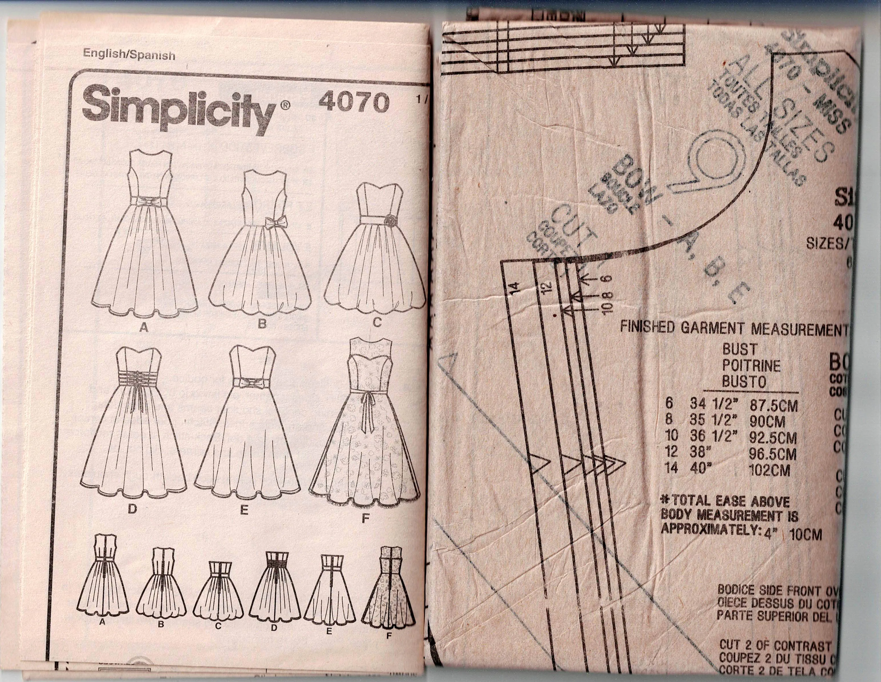 Simplicity 4070 Womens Full Skirt Dress Strapless or Sleeveless Prom Formal Out Of Print Sewing Pattern Sizes 6 - 14 UNCUT Factory Folded
