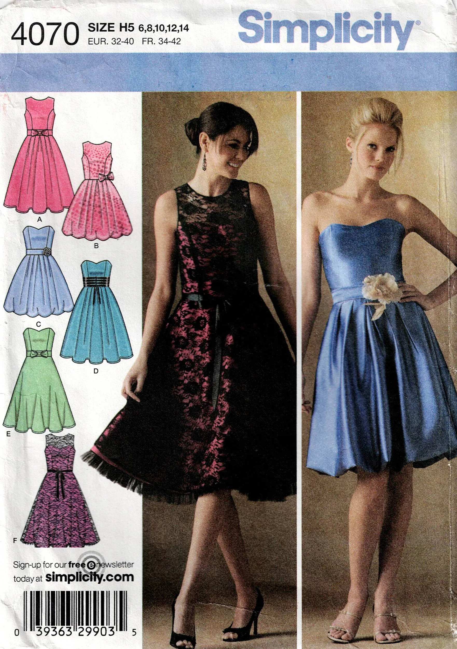 Simplicity 4070 Womens Full Skirt Dress Strapless or Sleeveless Prom Formal Out Of Print Sewing Pattern Sizes 6 - 14 UNCUT Factory Folded