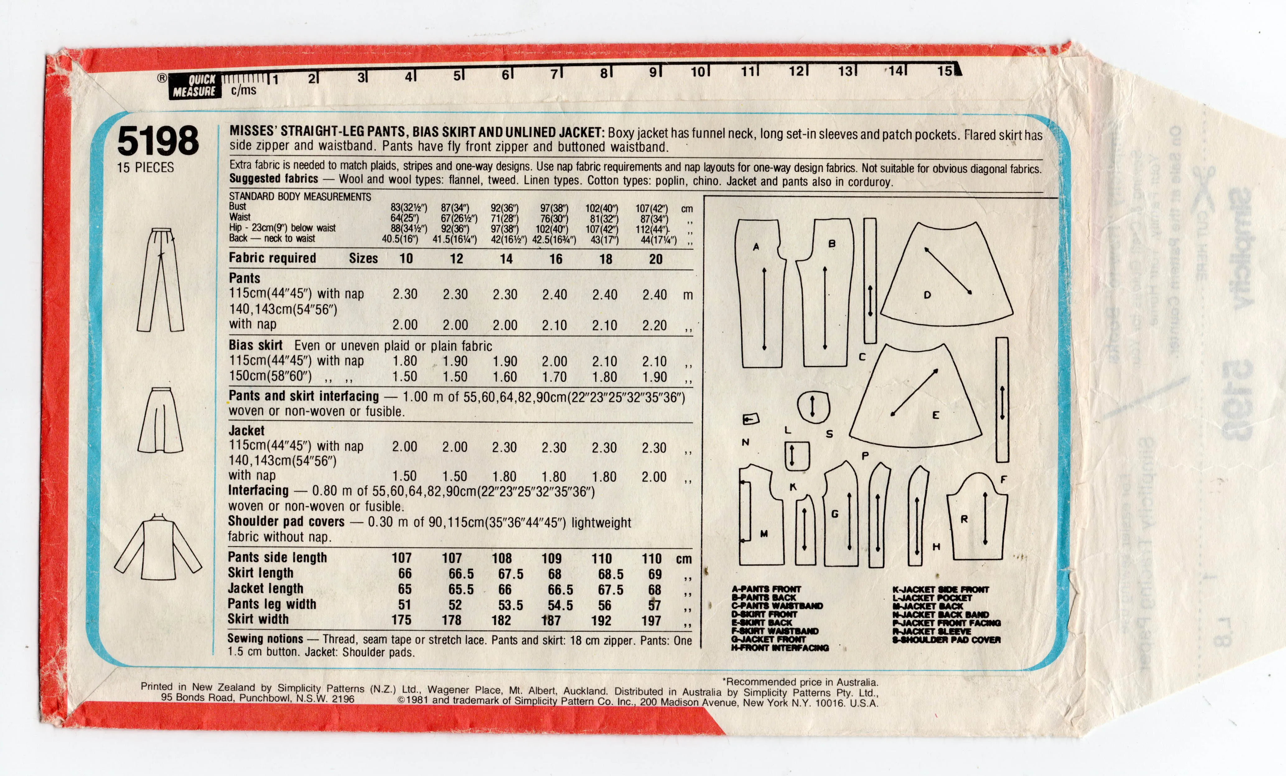 Simplicity 5198 Womens Funnel Neck Jacket Pants & Bias Skirt 1980s Vintage Sewing Pattern Size 12 UNCUT Factory Folded