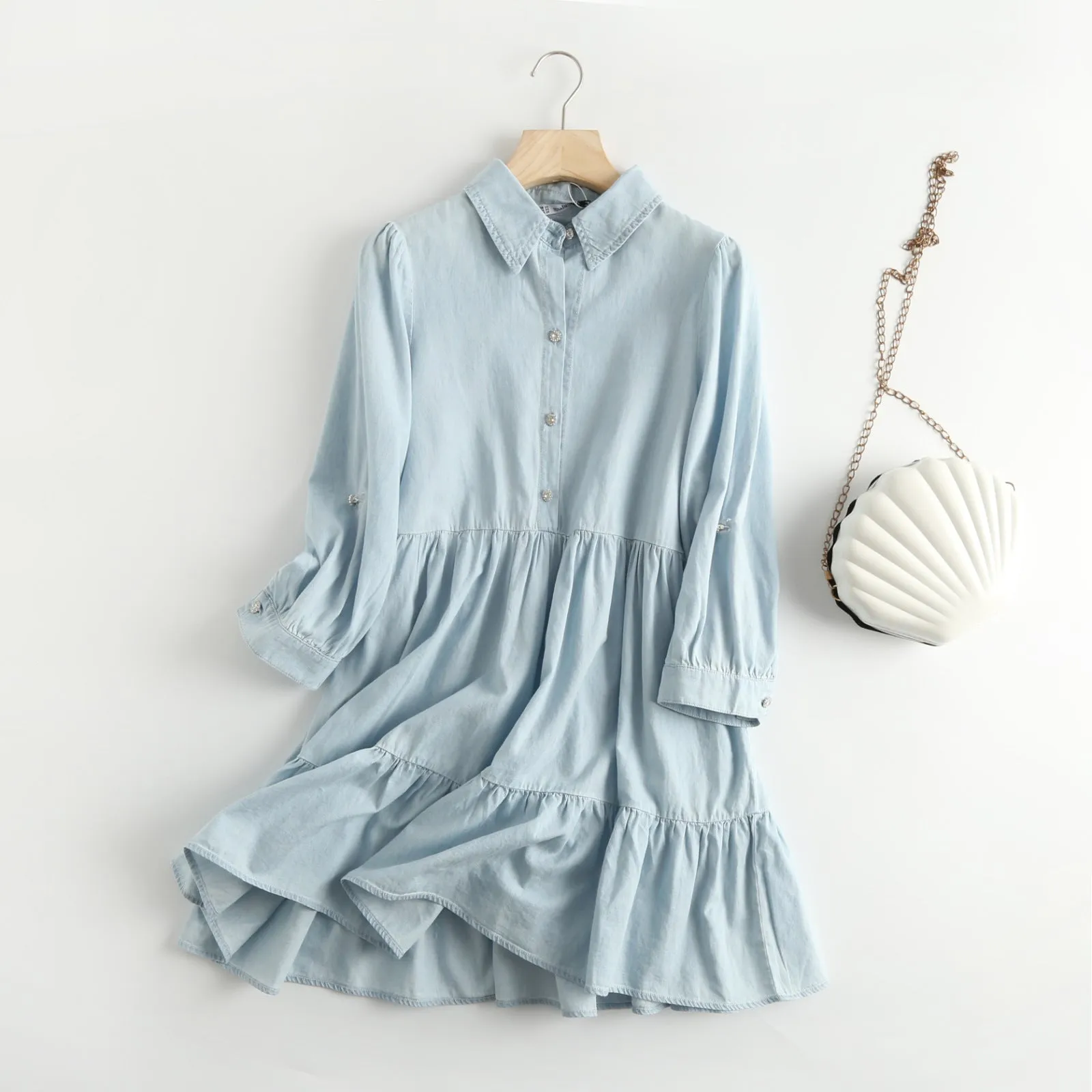 Single-breasted Pile Collar Denim Mini Dresses