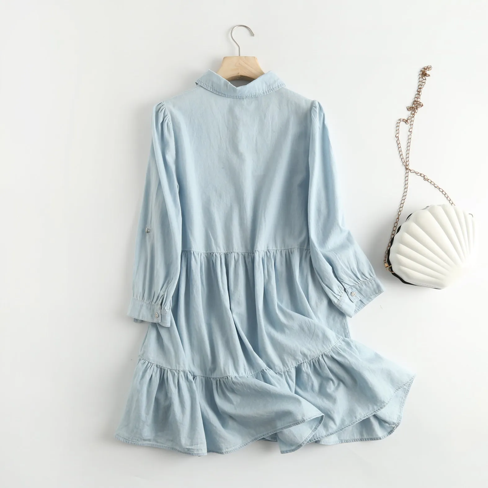 Single-breasted Pile Collar Denim Mini Dresses