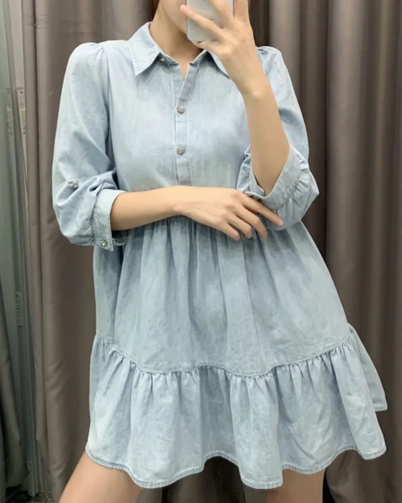 Single-breasted Pile Collar Denim Mini Dresses