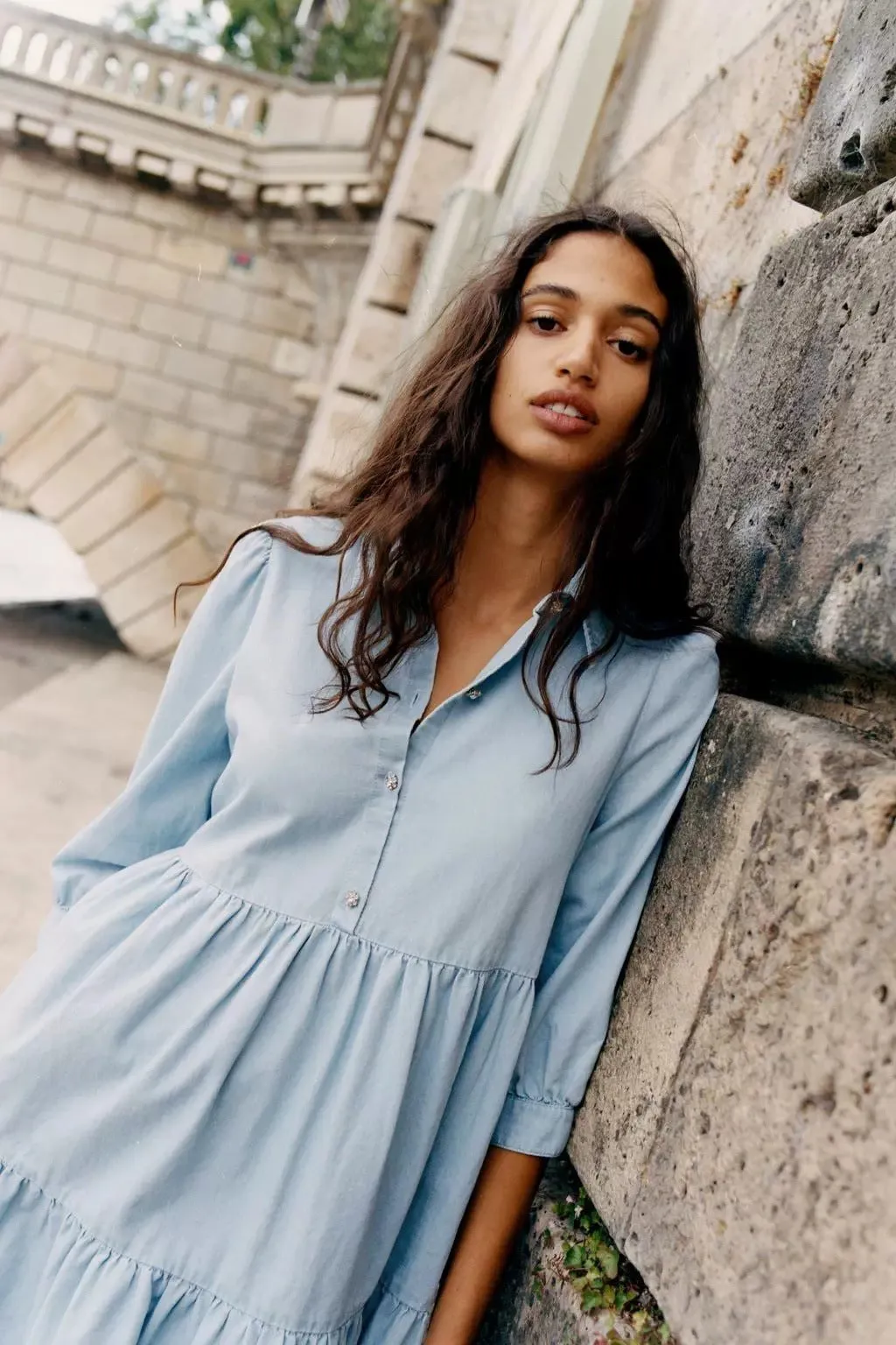 Single-breasted Pile Collar Denim Mini Dresses