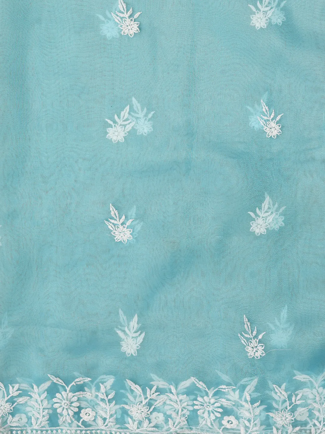 Sky Blue Thread Embroidered Organza Festive Dress Material with Dupatta