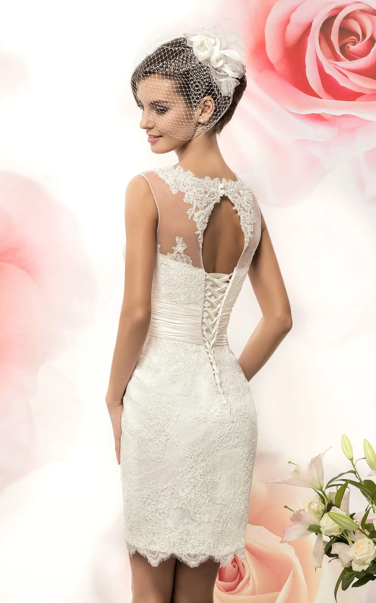Sleeveless Appliqued Short Pencil Lace Dress-714402