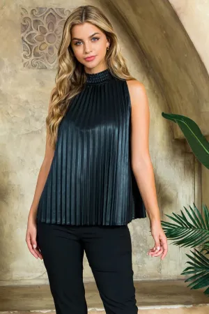 Smocked Halter Pleated Faux Leather Top