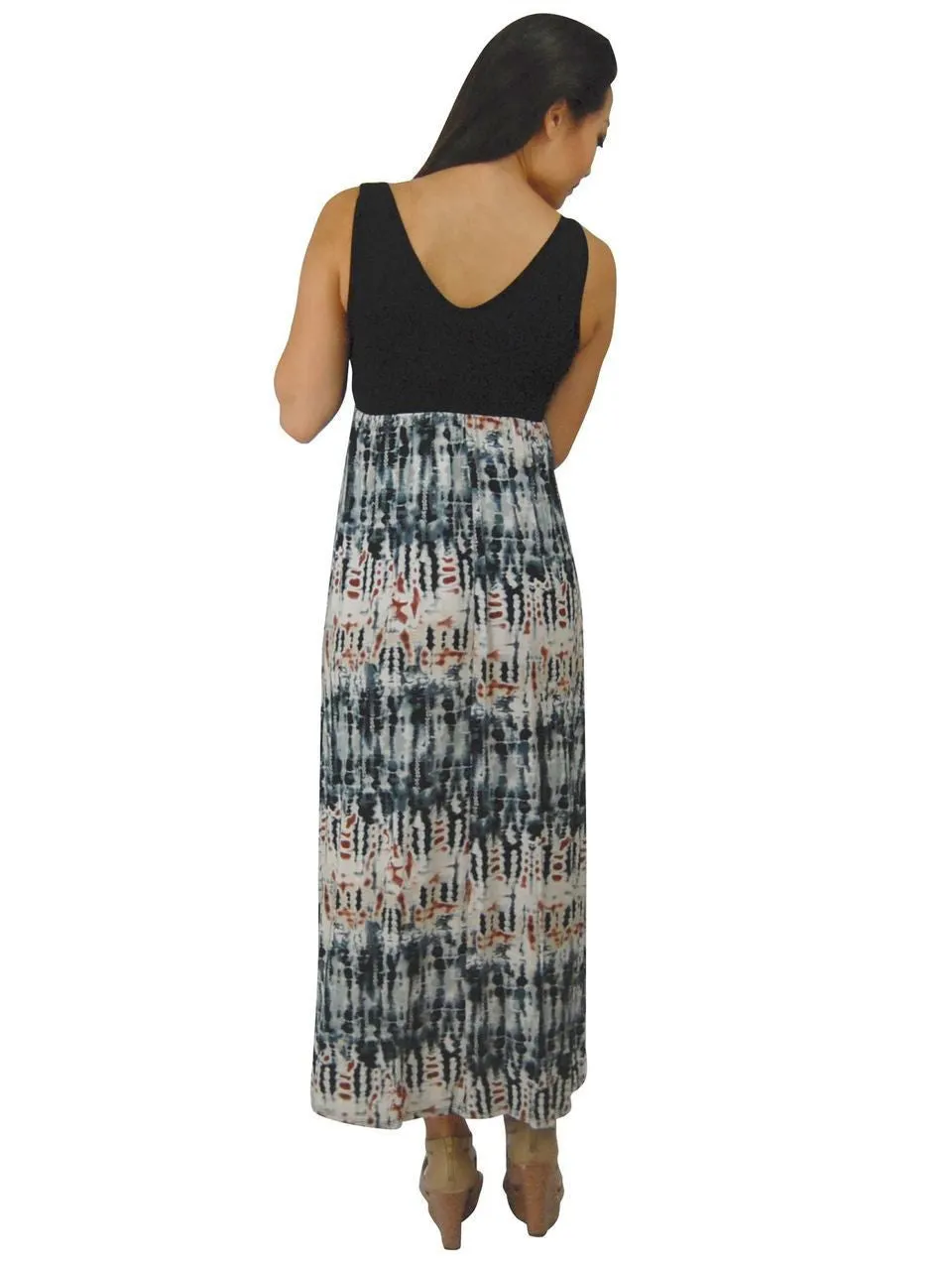 Soft and Smooth Sleeveless Tie Dye Black Gray Maxi Dress