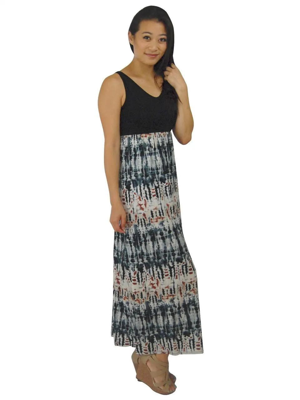 Soft and Smooth Sleeveless Tie Dye Black Gray Maxi Dress