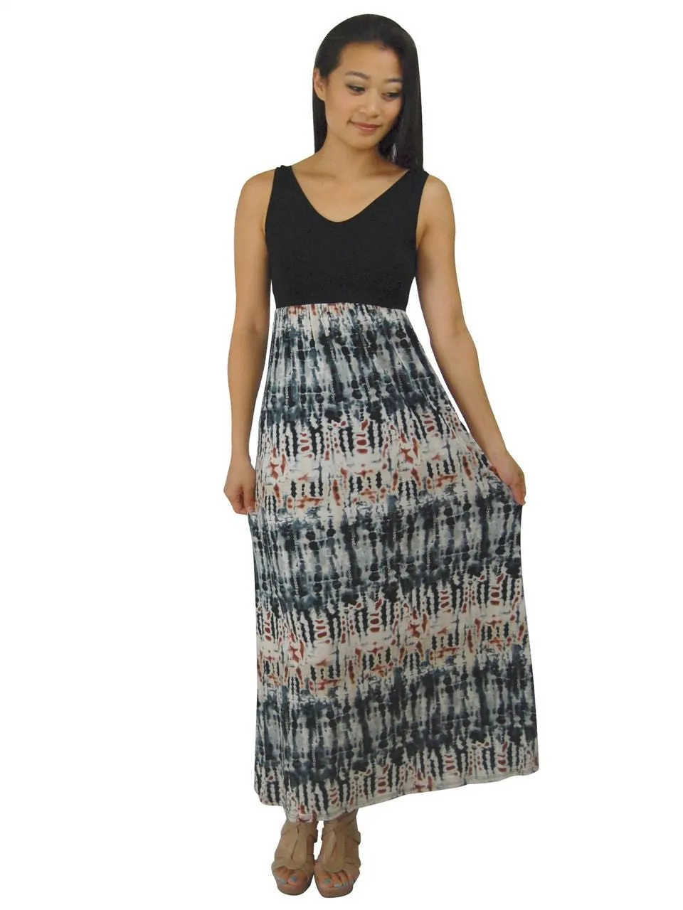Soft and Smooth Sleeveless Tie Dye Black Gray Maxi Dress