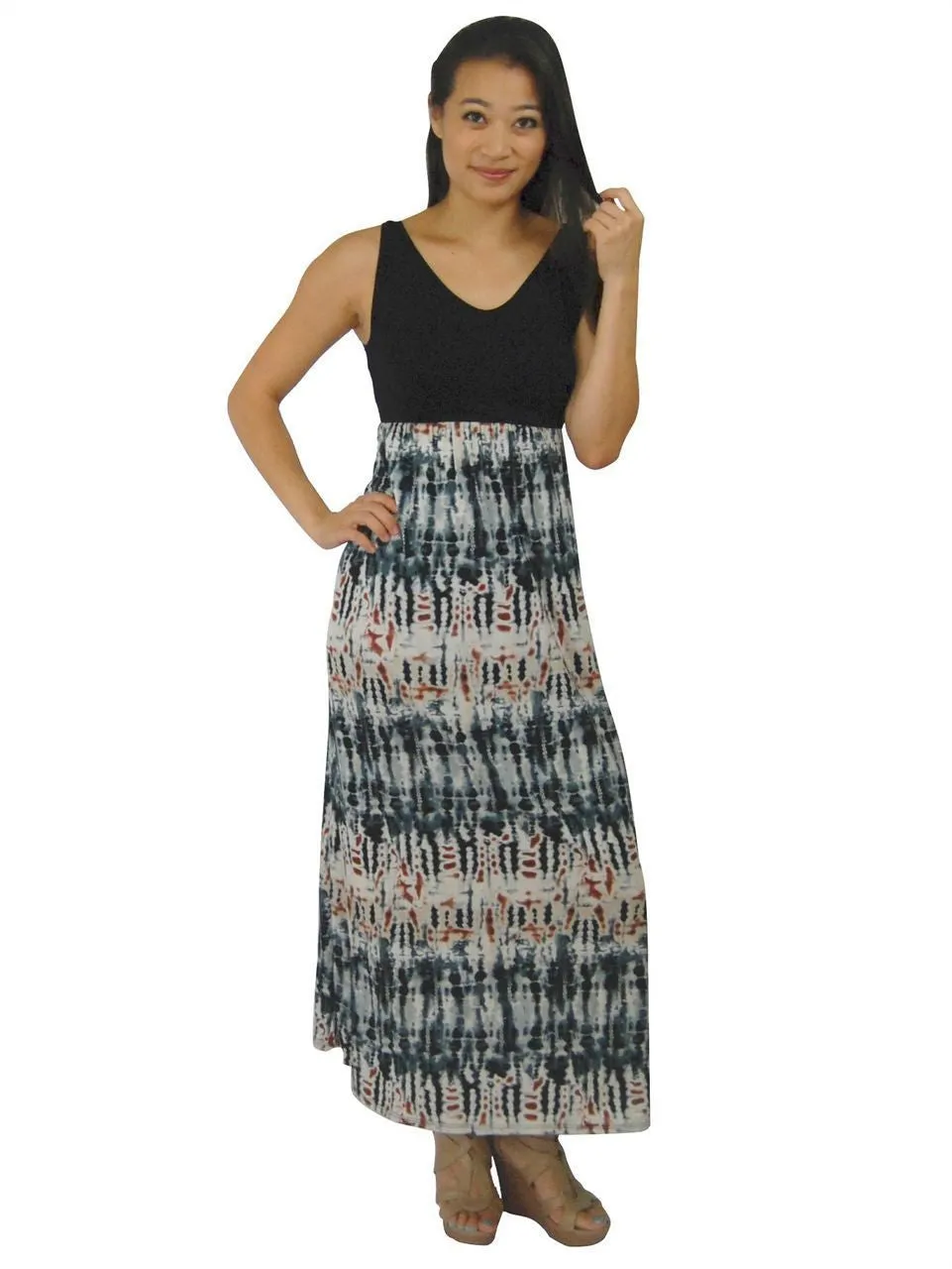 Soft and Smooth Sleeveless Tie Dye Black Gray Maxi Dress