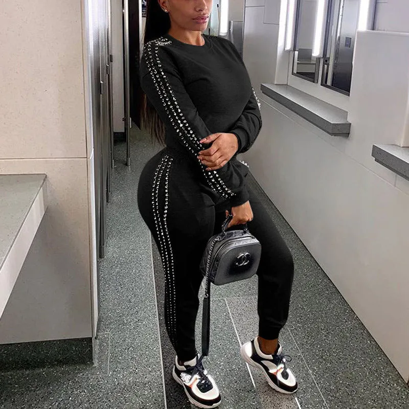 Solid Beaded Long Sleeve Top & Pants Set