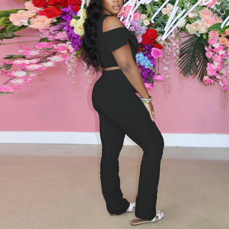 Solid Cold Shoulder Ruffle Design Two Piece Pants Set