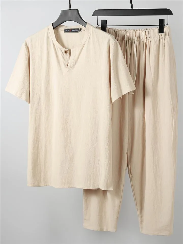 Solid Color Lightweight 2-Piece Outfit Button T-Shirt   Drawstring Waistband Cropped Pants