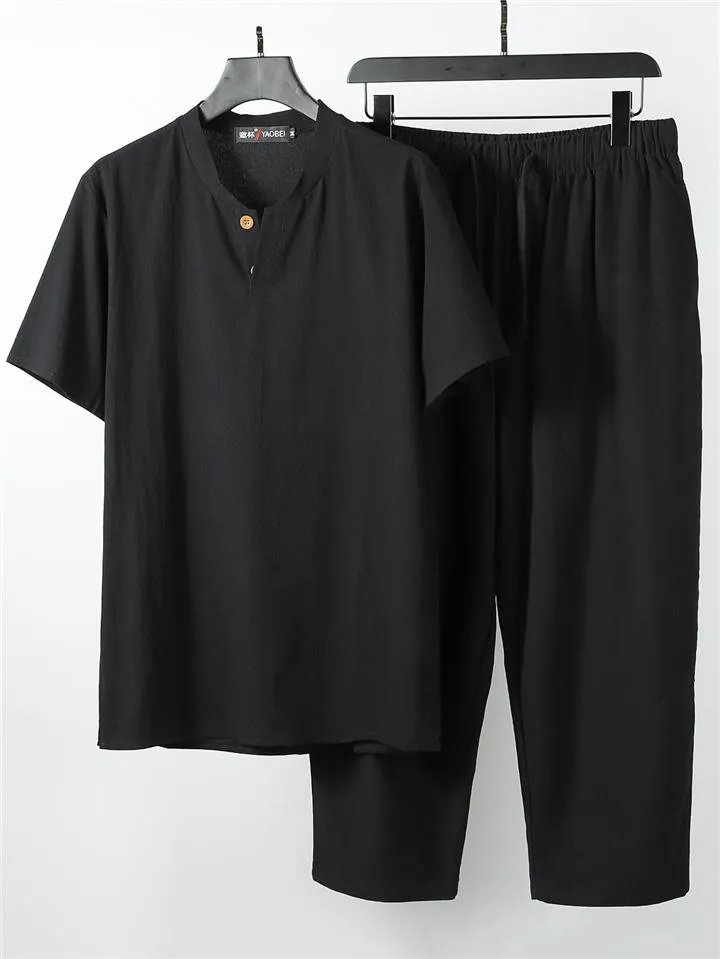 Solid Color Lightweight 2-Piece Outfit Button T-Shirt   Drawstring Waistband Cropped Pants