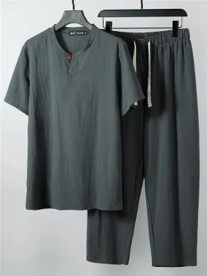 Solid Color Lightweight 2-Piece Outfit Button T-Shirt   Drawstring Waistband Cropped Pants