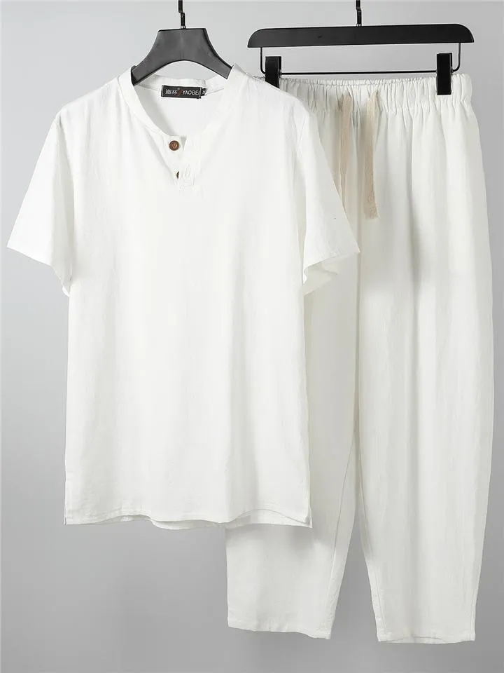 Solid Color Lightweight 2-Piece Outfit Button T-Shirt   Drawstring Waistband Cropped Pants