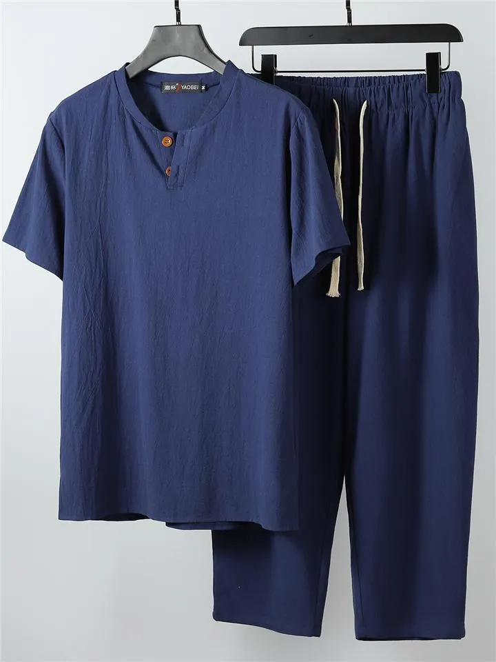 Solid Color Lightweight 2-Piece Outfit Button T-Shirt   Drawstring Waistband Cropped Pants