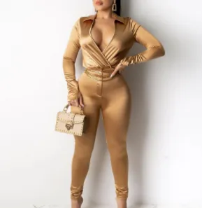 Solid Deep V-Neck Top & Pants Set