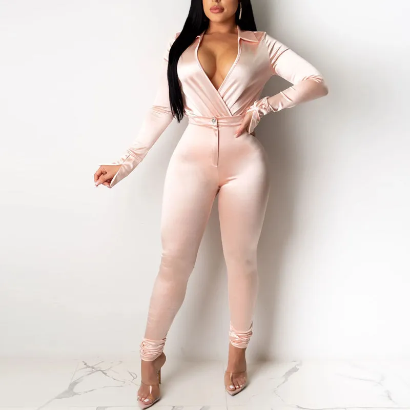 Solid Deep V-Neck Top & Pants Set