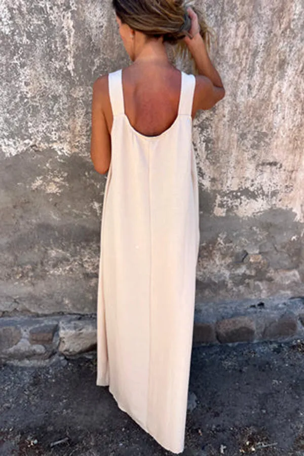 Solid Floral Embellished Sleeveless Loose Maxi Dress