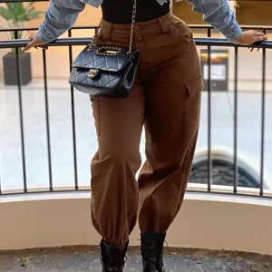 Solid High Waist Casual Loose Pockets Pants