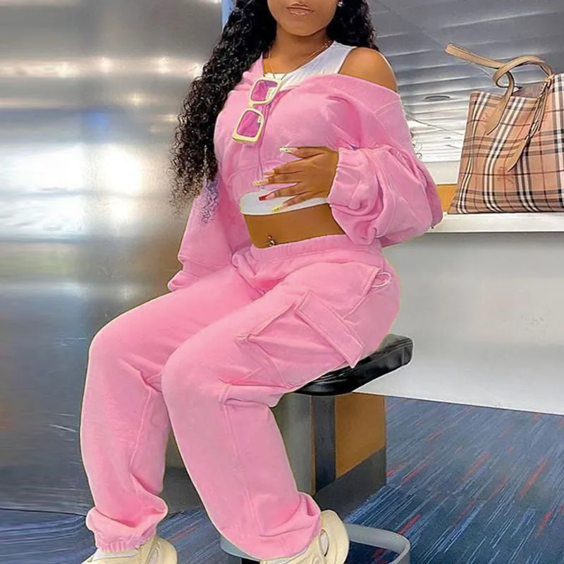 Solid Long Sleeve Hoodie Top & Pants Set