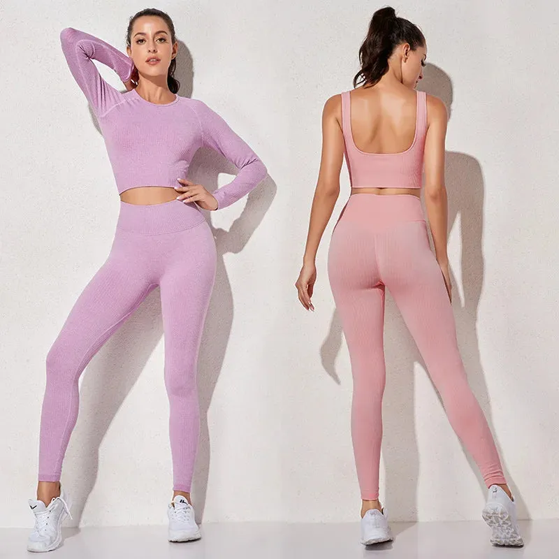 Solid Ribbed Seamless Yoga Pants for Women - High Waist Push Up Workout Leggings