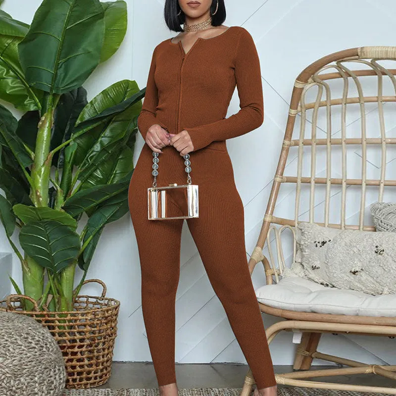 Solid Ribbed Zipper Long Sleeve Top & Pants Set