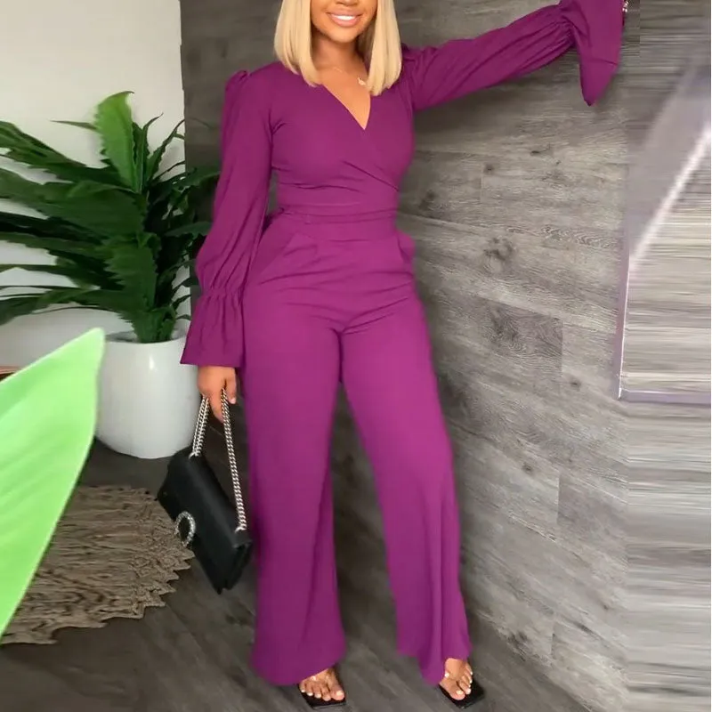 Solid V-Neck Flared Sleeve Tied Top & Pants Set