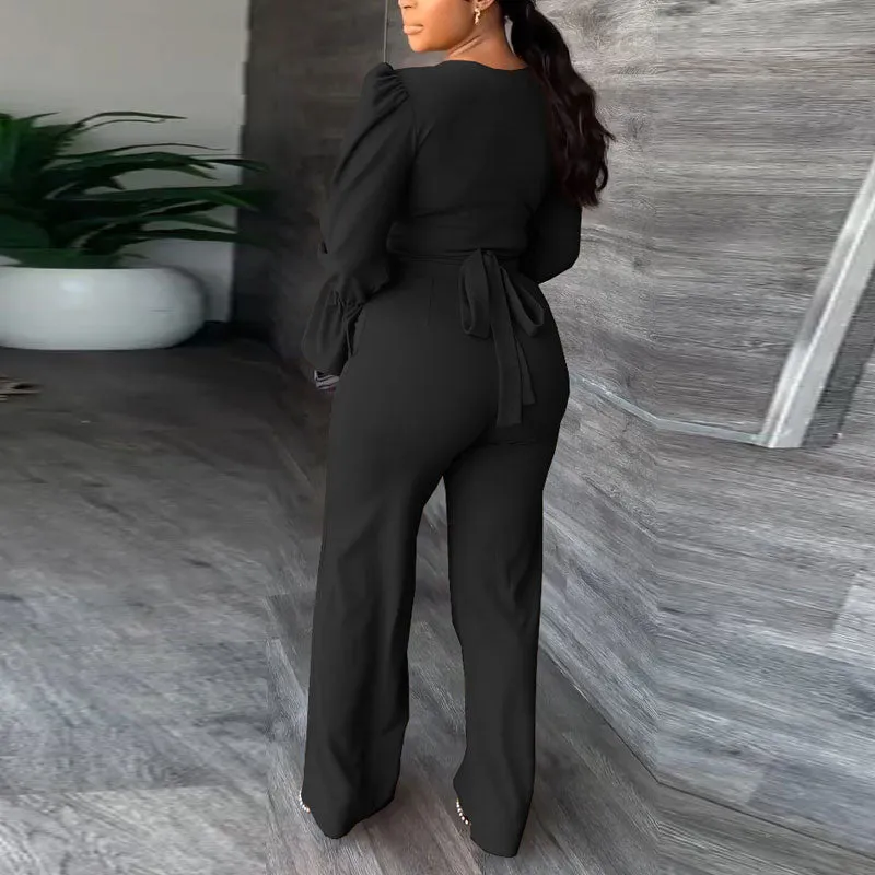 Solid V-Neck Flared Sleeve Tied Top & Pants Set