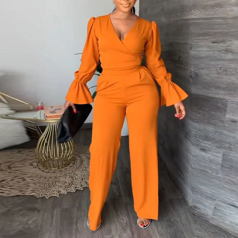 Solid V-Neck Flared Sleeve Tied Top & Pants Set