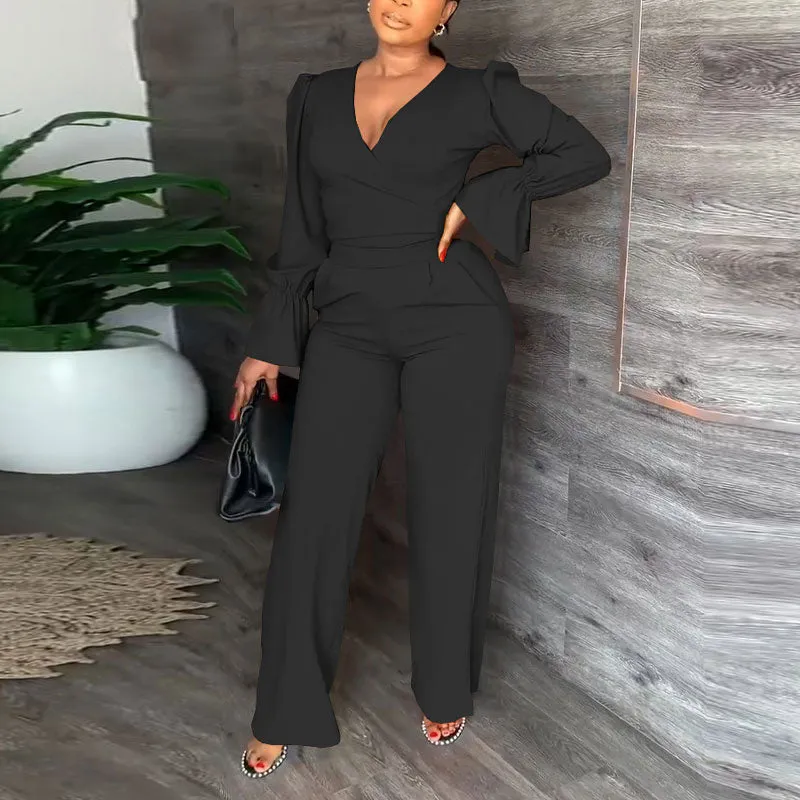 Solid V-Neck Flared Sleeve Tied Top & Pants Set