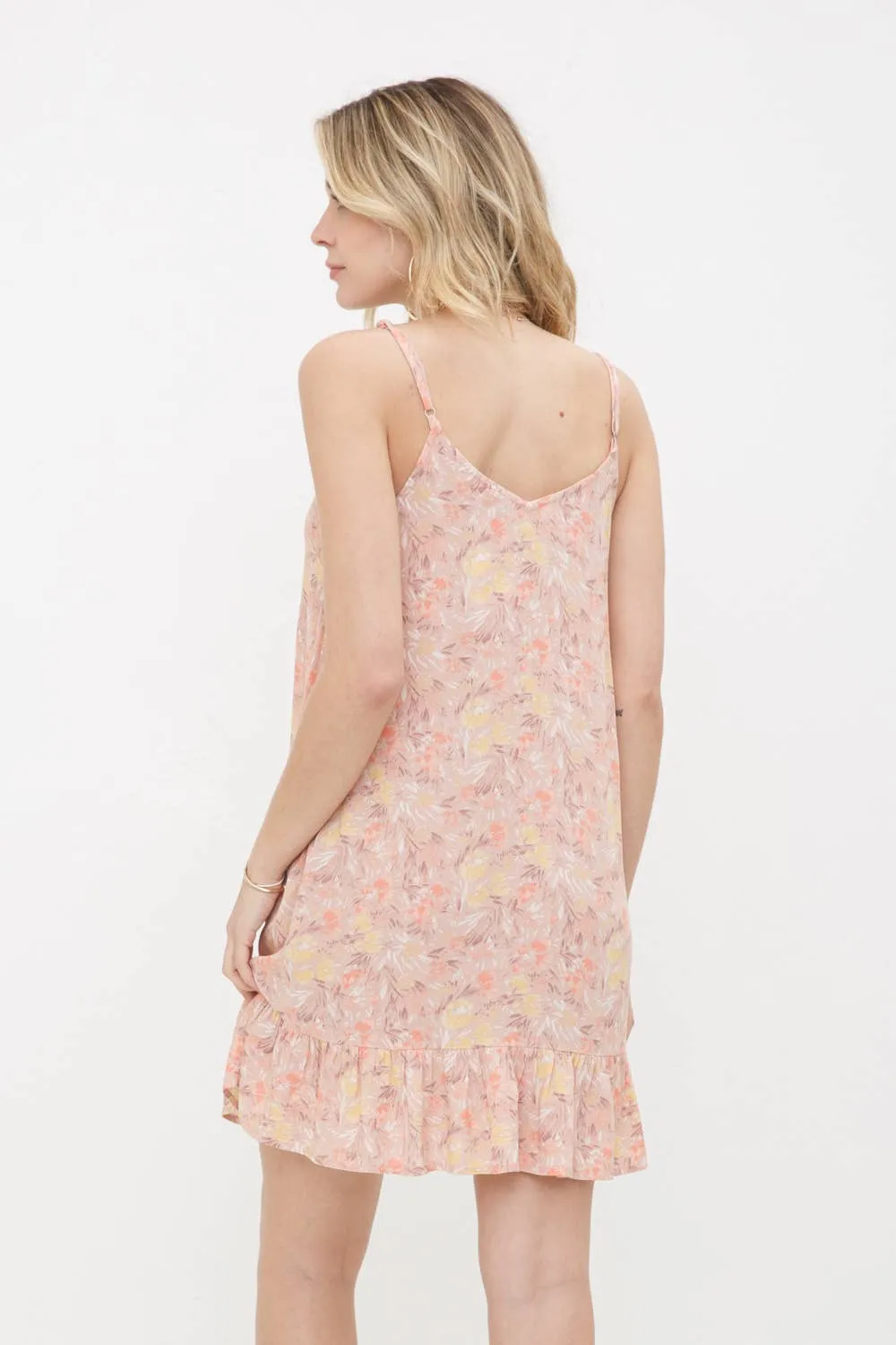 Spaghetti Strap Floral A-Line Ruffled Hem Mini Dress: Peach