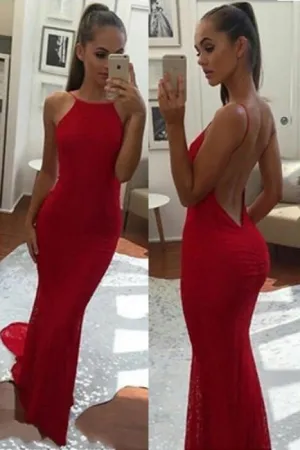 Spaghetti Straps Backless Red Prom Long Mermaid Evening Formal Dress