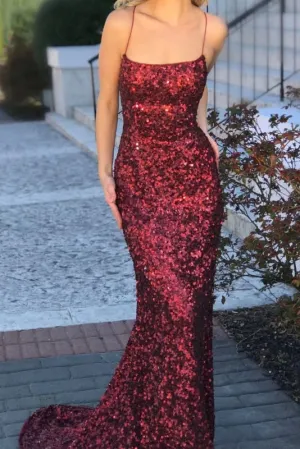 Spaghetti Straps Burgundy Mermaid Backless Long Sparkly Sequins Prom Dresses