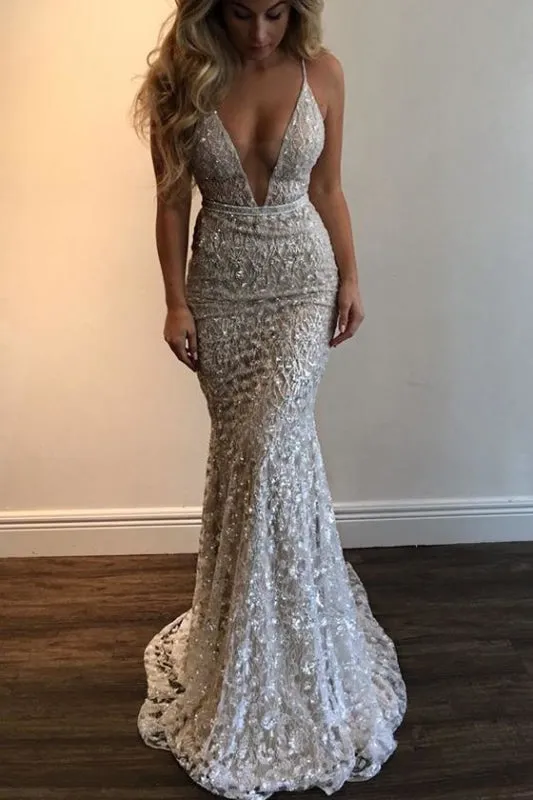 Spaghetti Straps Deep V-neck Sleeveless Mermaid Long Prom Dress