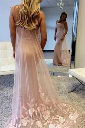 Spaghetti Straps Splendid Pink Sleeveless Applique Mermaid Long Prom Dresses