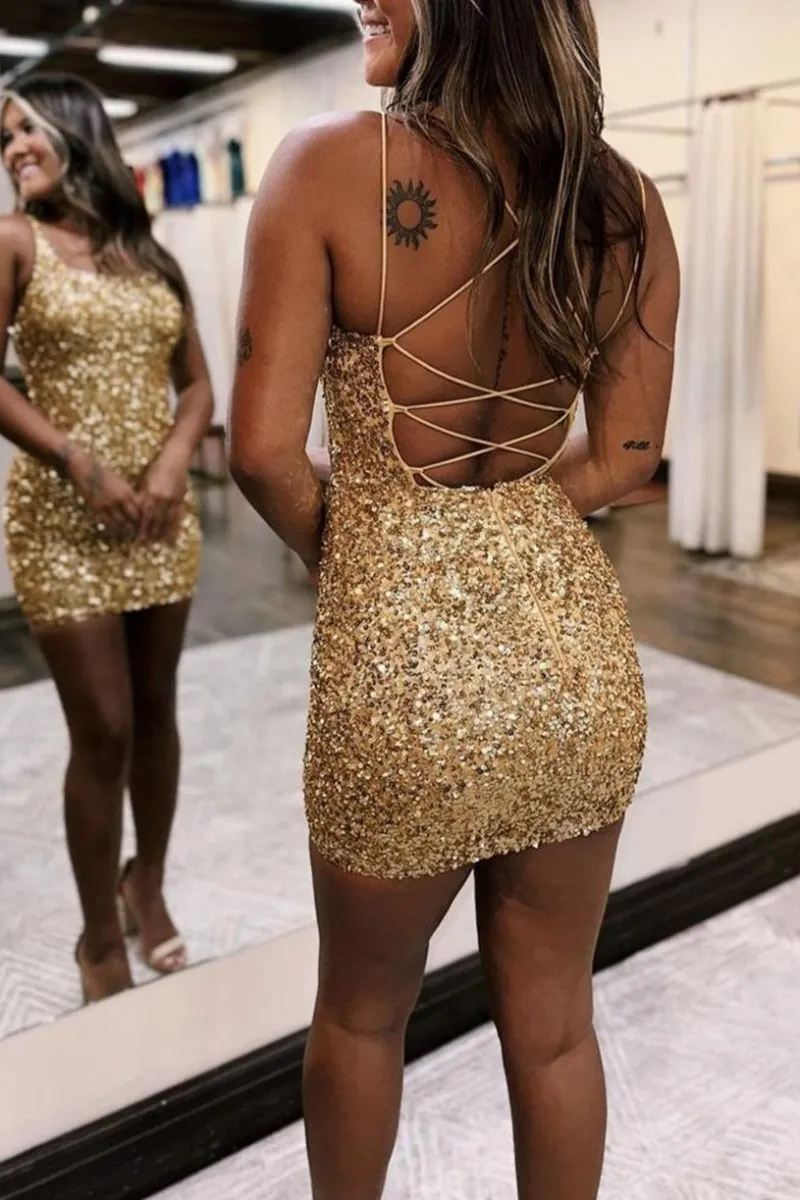 Sparkly Bodycon Spagehetti Straps Sequins Lace-up Back Homecoming Dresses