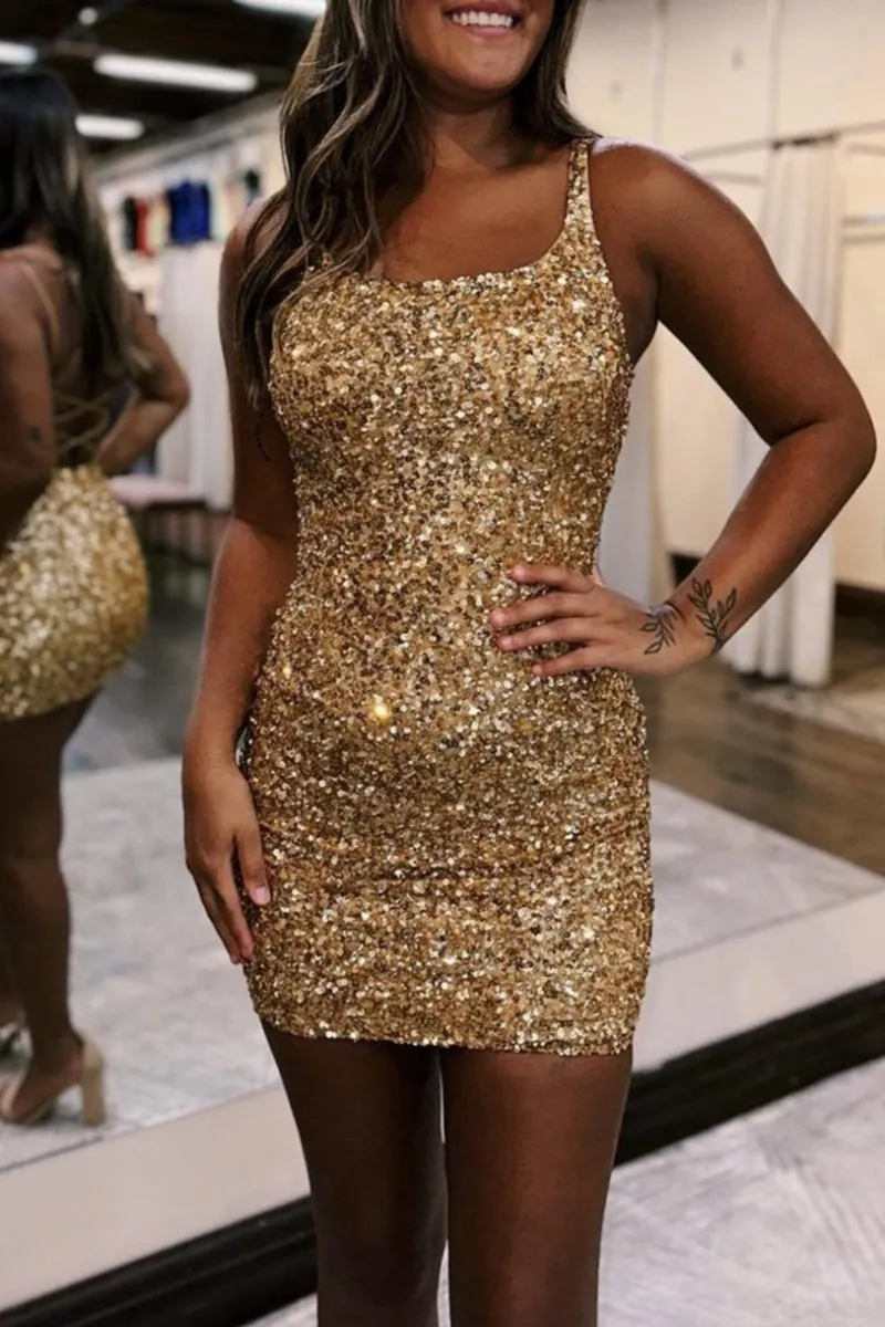 Sparkly Bodycon Spagehetti Straps Sequins Lace-up Back Homecoming Dresses