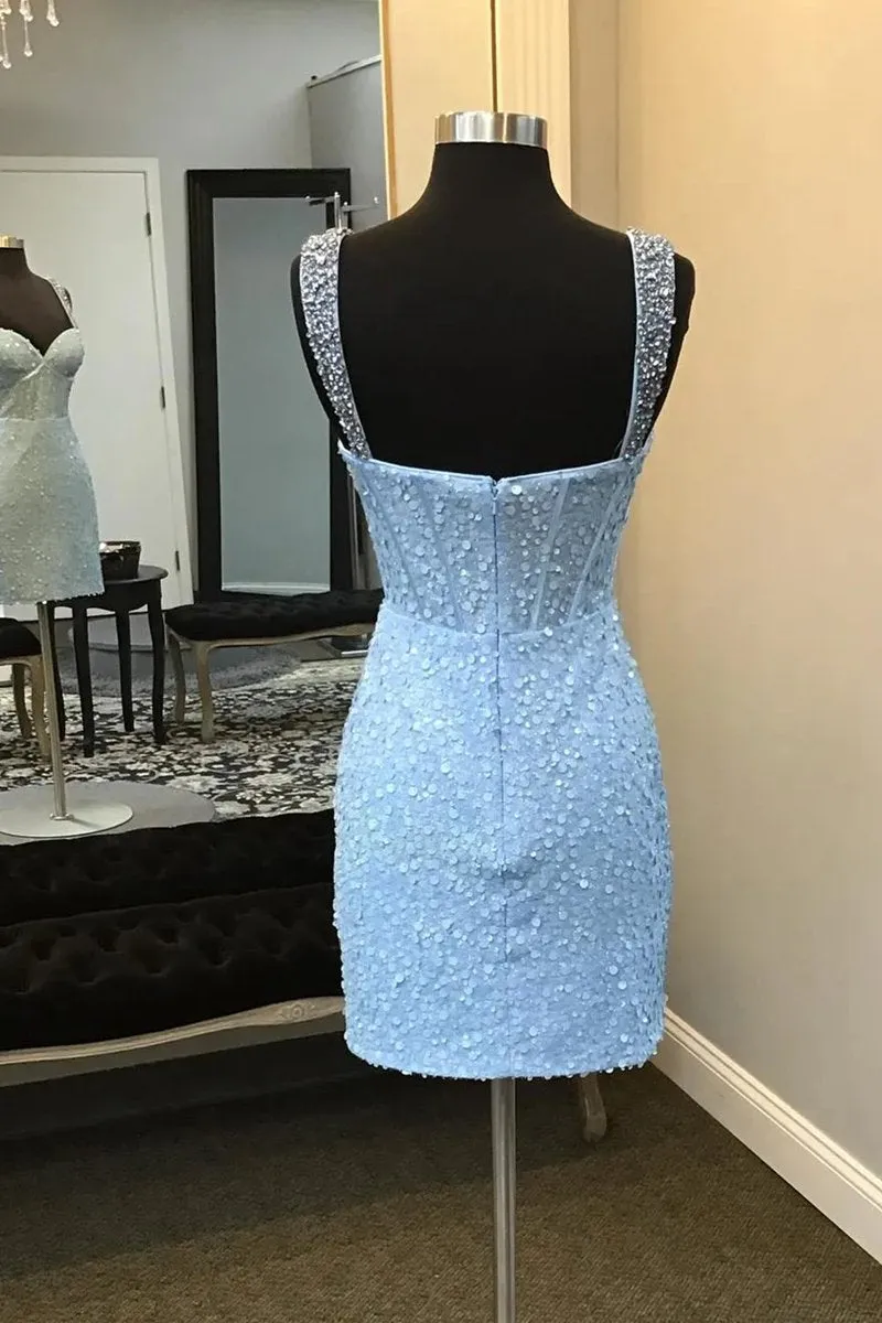Sparkly Spaghetti Straps Sequins Bodycon Short Corset Homecoming Dresses