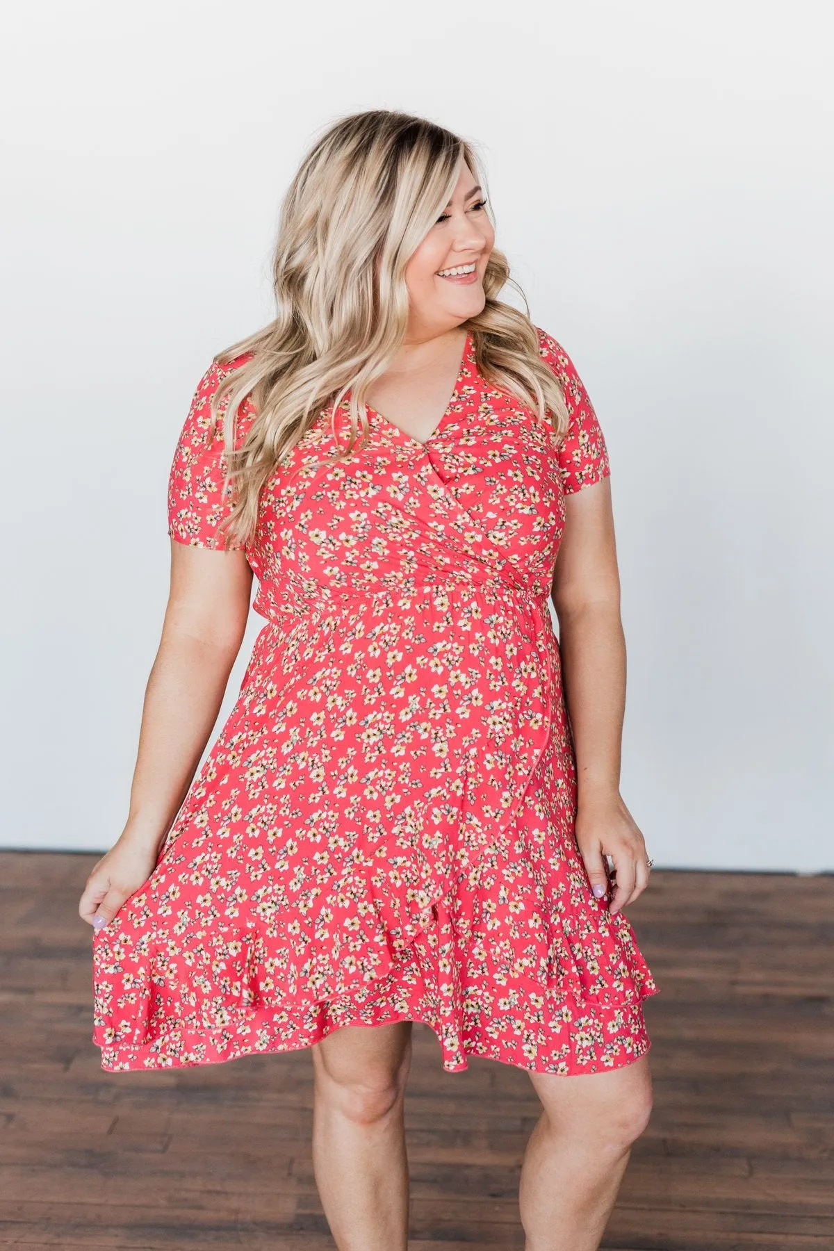 Spring Anticipation Floral Wrap Dress- Coral