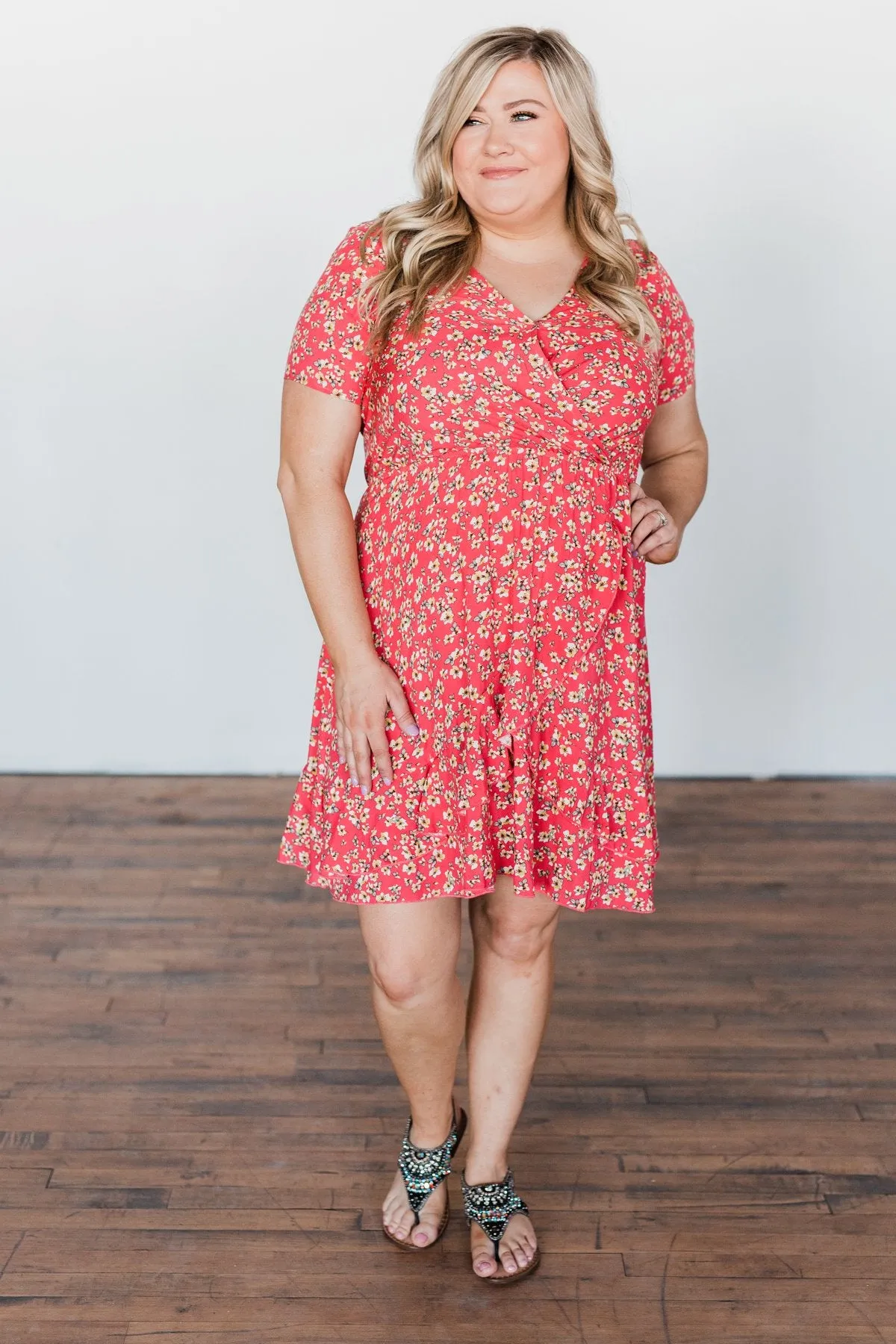 Spring Anticipation Floral Wrap Dress- Coral