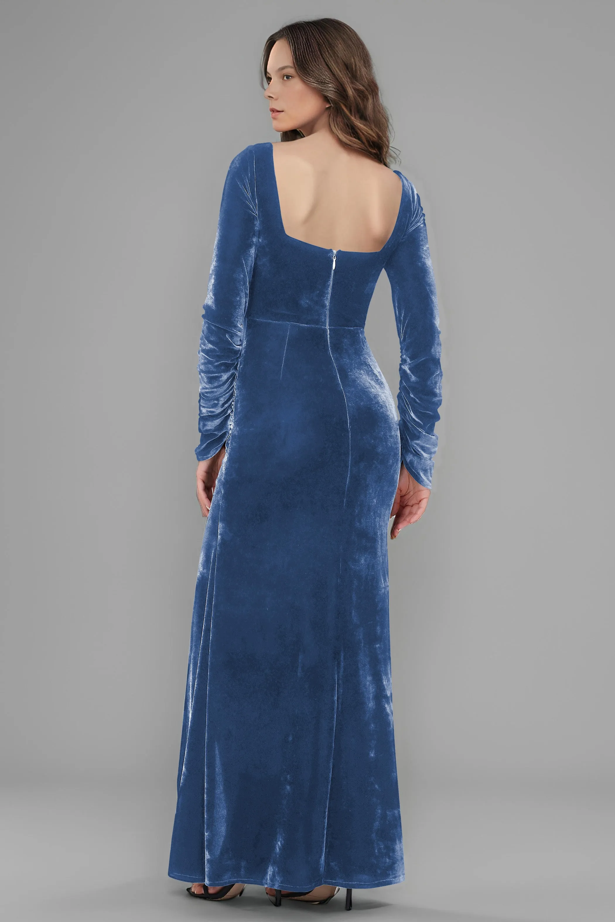 Square Neck Long Sleeves Ruched Velvet Bridesmaid Dresses with Slit